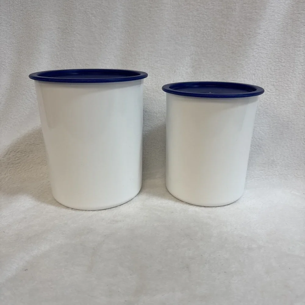 Tupperware White Canister Set 2 Piece Blue‎ Lids 2418B 2420B
